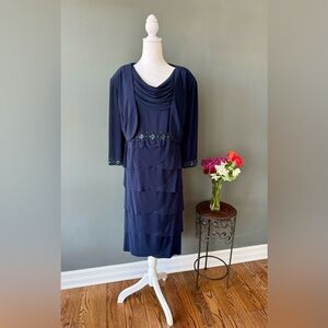 Alex Evenings formal short navy dress with jacket and beaded trim, size 22W
